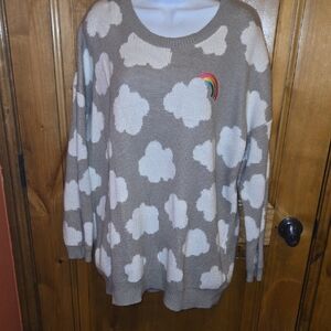 Torrid Gray Sweater with White Clouds and Rainbow Accent